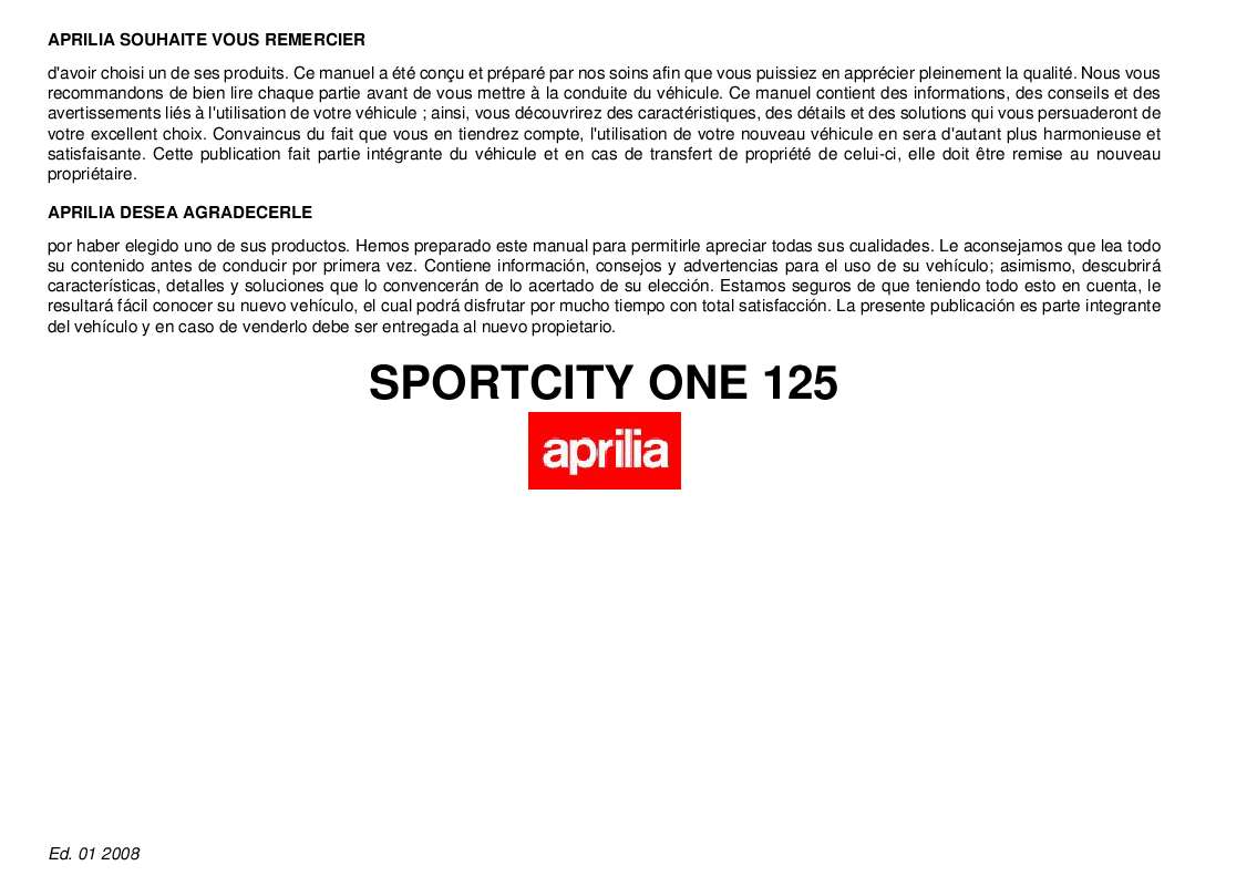 Guide utilisation APRILIA SPORTCITY ONE 125  de la marque APRILIA