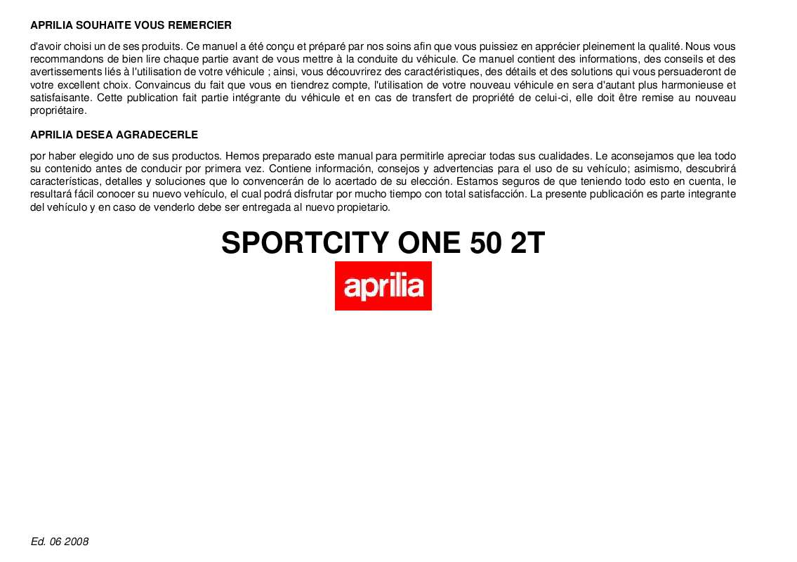 Guide utilisation APRILIA SPORTCITY ONE 50 2T  de la marque APRILIA