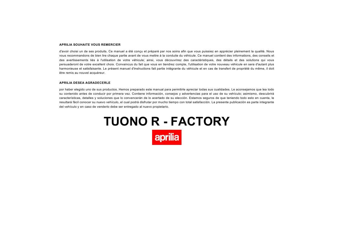 Guide utilisation APRILIA TUONO 1000 R FACTORY  de la marque APRILIA