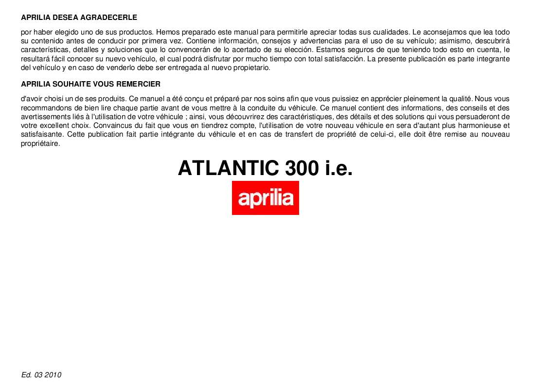Guide utilisation APRILIA ATLANTIC 300 I.E.  de la marque APRILIA