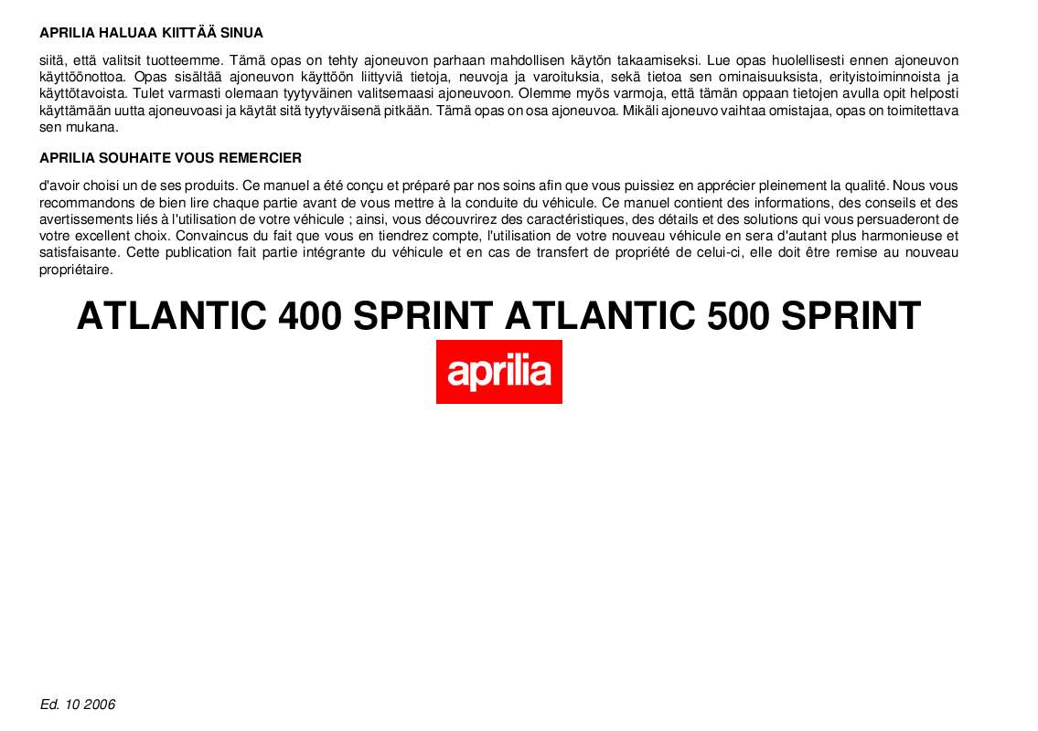 Guide utilisation APRILIA ATLANTIC 400 SPRINT  de la marque APRILIA