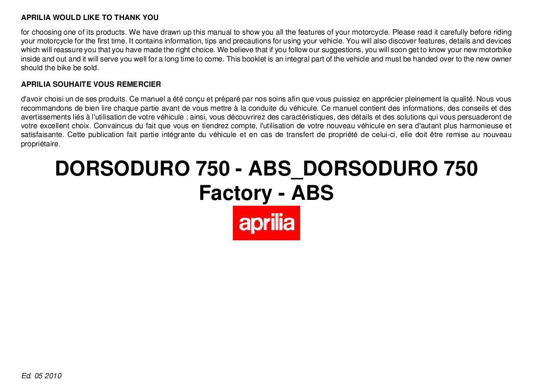 Guide utilisation APRILIA DORSODURO 750 FACTORY-ABS  de la marque APRILIA