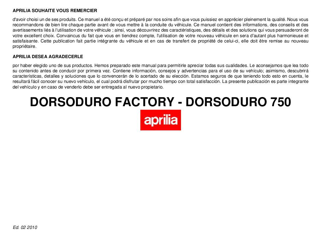 Guide utilisation APRILIA DORSODURO FACTORY  de la marque APRILIA