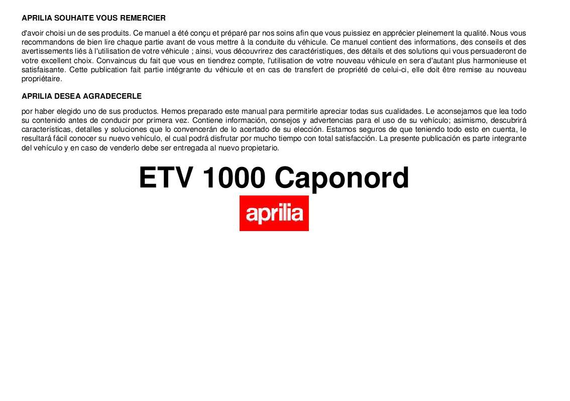 Guide utilisation APRILIA ETV 1000 CAPONORD  de la marque APRILIA