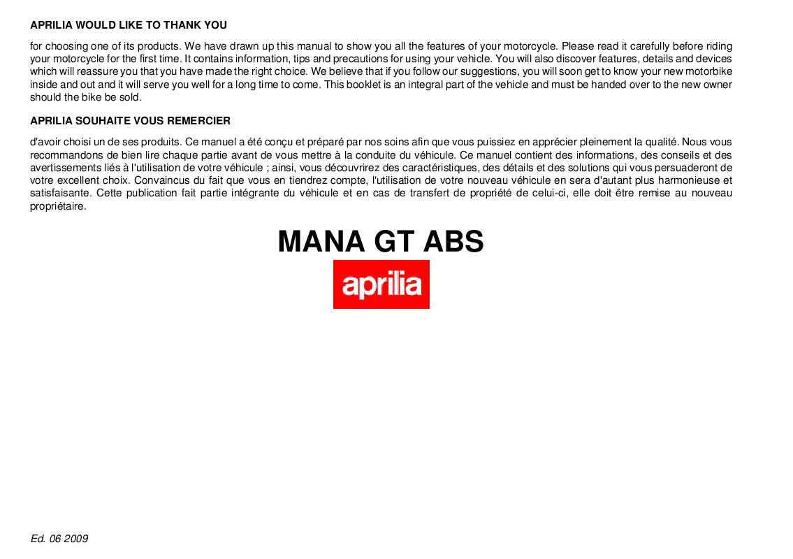 Guide utilisation APRILIA MANA GT ABS  de la marque APRILIA