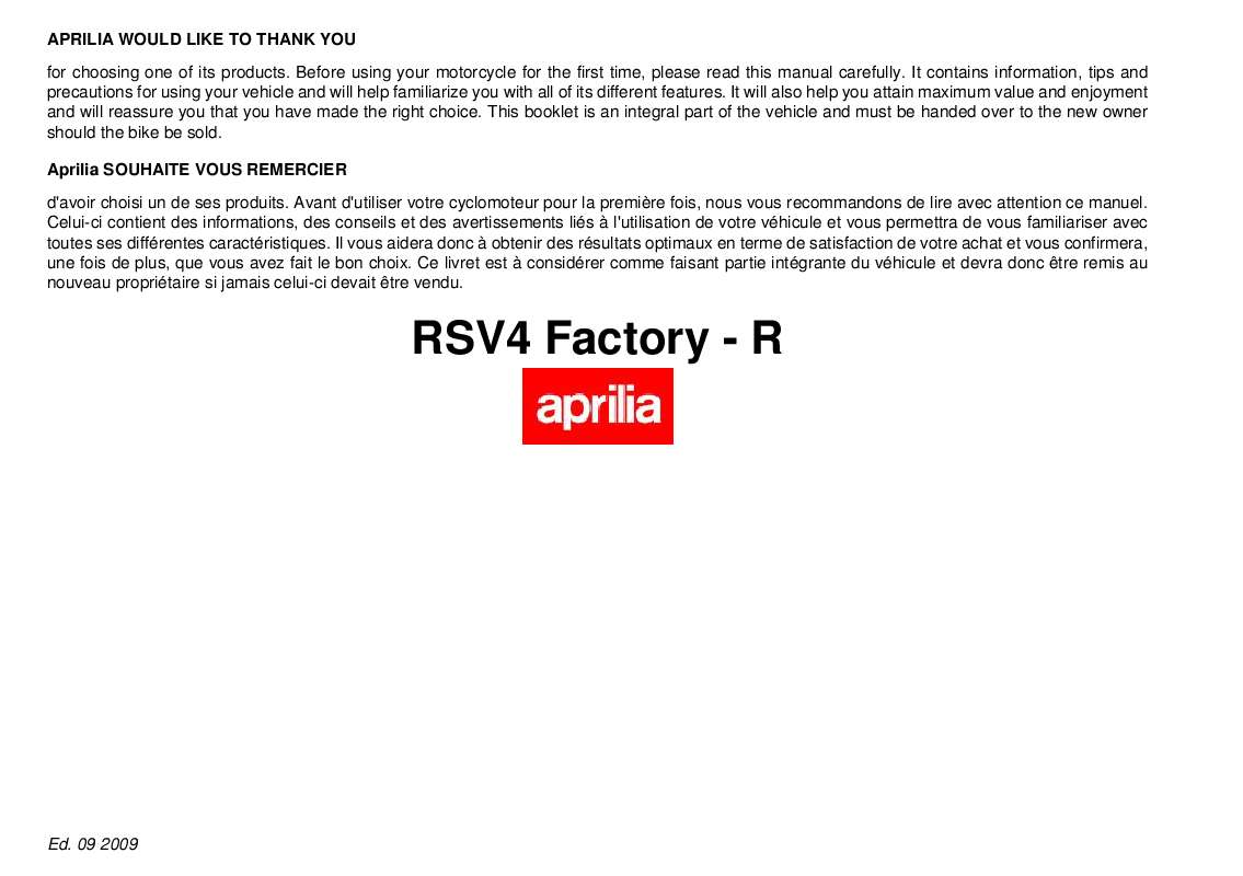 Guide utilisation APRILIA RSV4 FACTORY-R  de la marque APRILIA