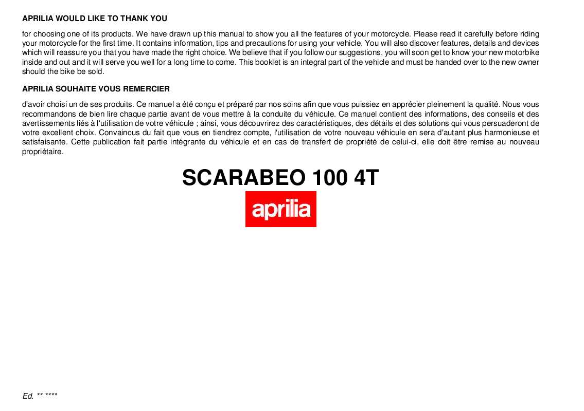 Guide utilisation APRILIA SCARABEO 100 4T  de la marque APRILIA