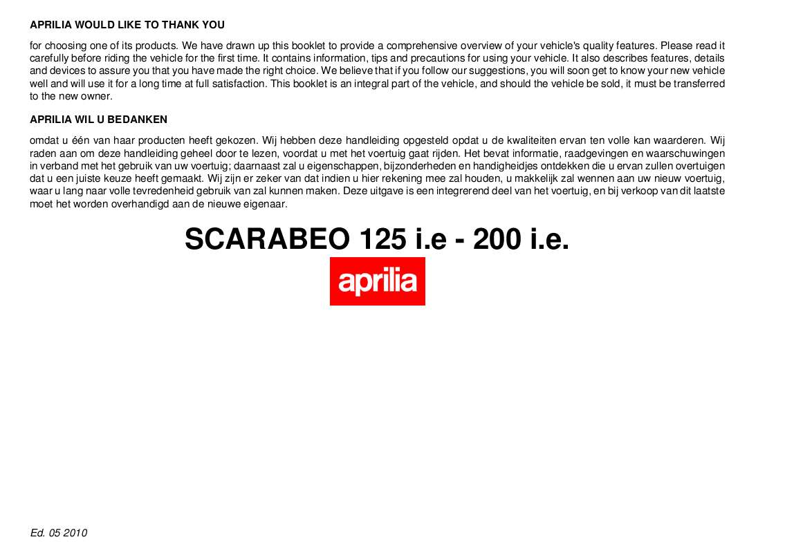 Guide utilisation APRILIA SCARABEO 125 IE  de la marque APRILIA