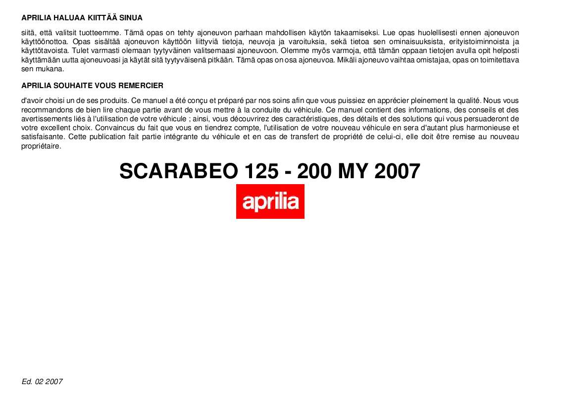 Guide utilisation APRILIA SCARABEO 125-200  de la marque APRILIA