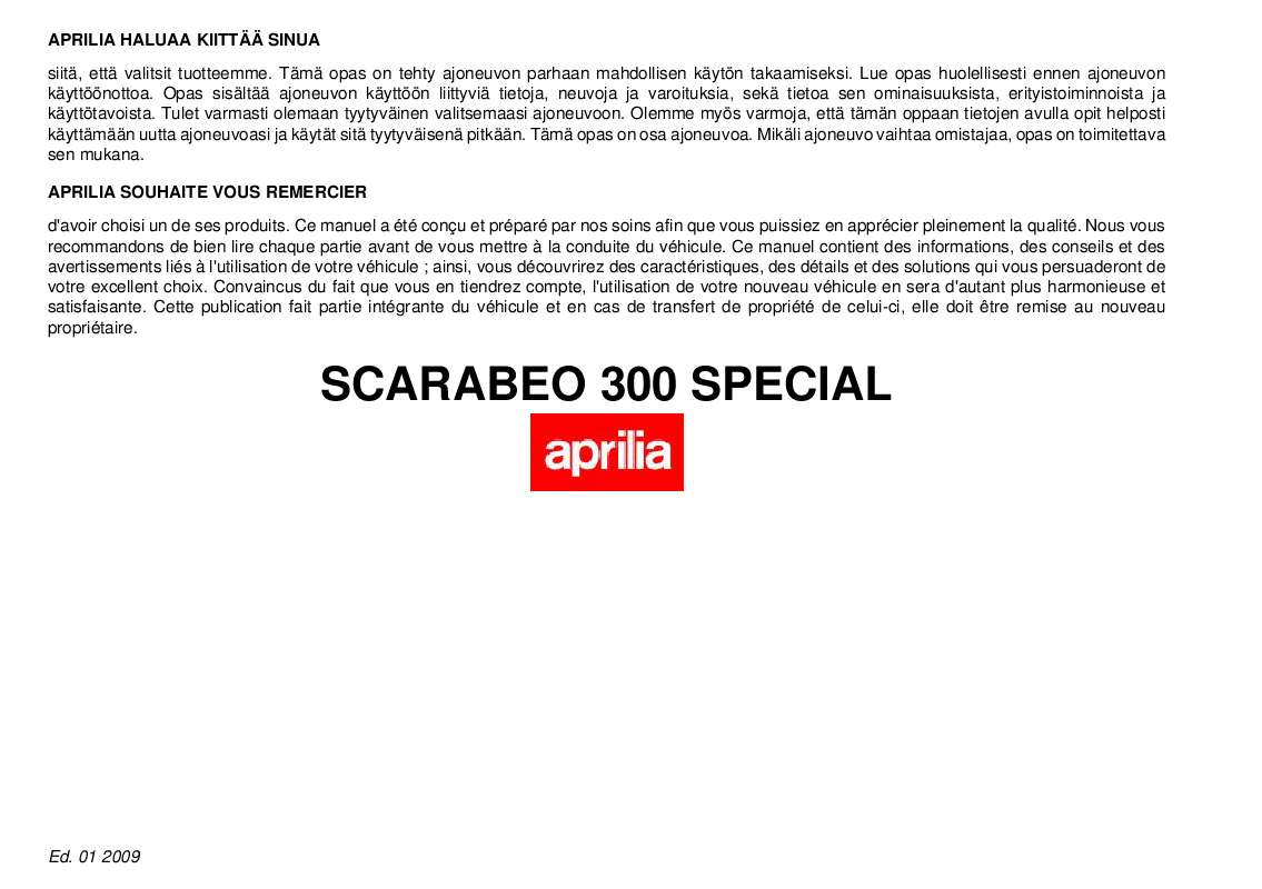 Guide utilisation APRILIA SCARABEO 300 SPECIAL  de la marque APRILIA