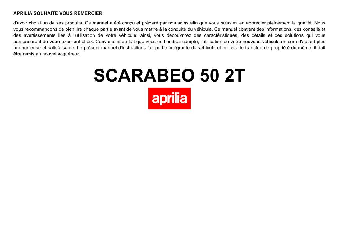 Guide utilisation APRILIA SCARABEO 50 2T  de la marque APRILIA