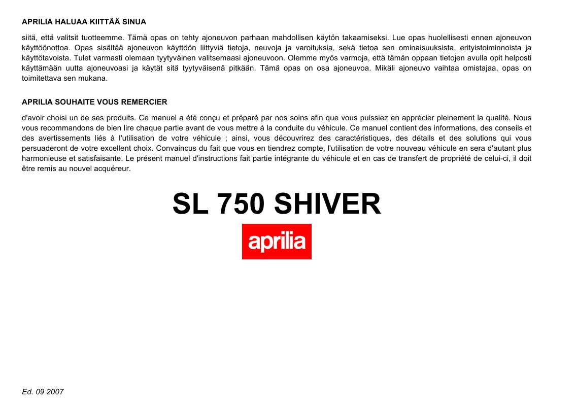 Guide utilisation APRILIA SL 750 SHIVER  de la marque APRILIA