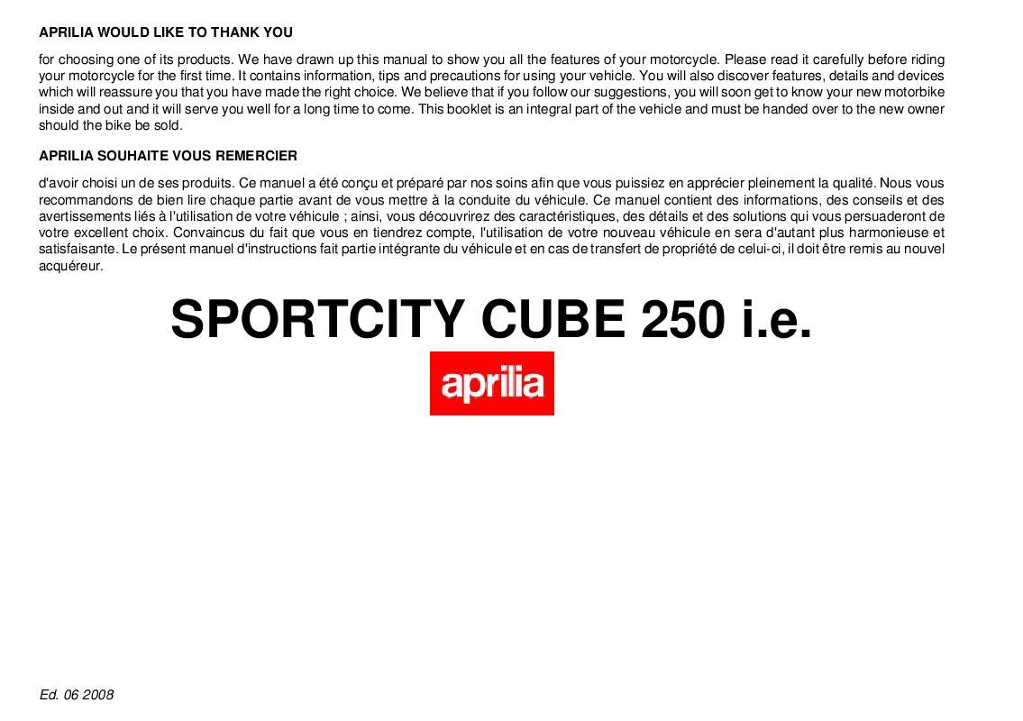 Guide utilisation APRILIA SPORTCITY CUBE 250 I.E  de la marque APRILIA