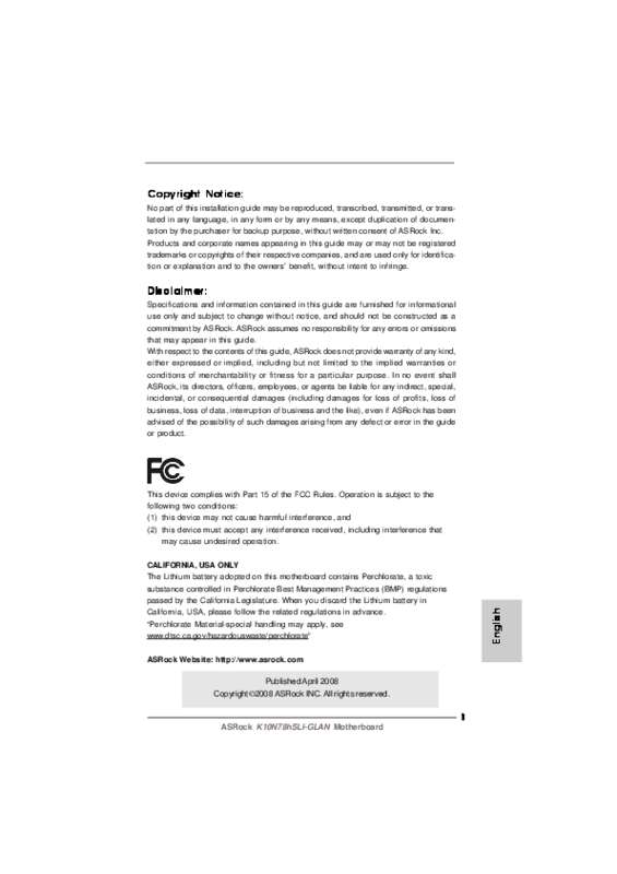 Guide utilisation ASROCK K10N78HSLI-GLAN  de la marque ASROCK
