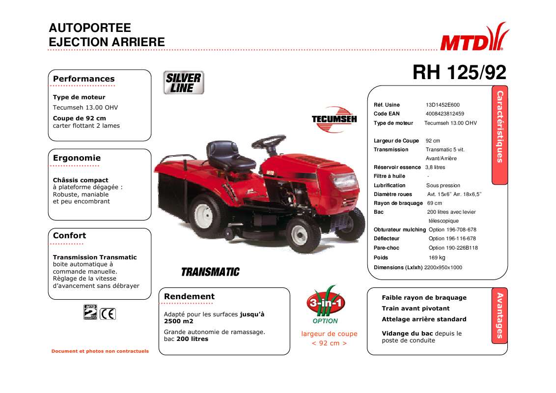 Guide utilisation  MTD RH 125 92  de la marque MTD