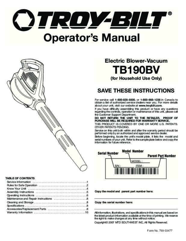 Guide utilisation  MTD TB190BV  de la marque MTD