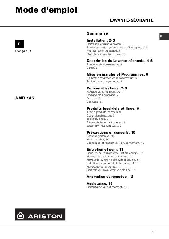 Guide utilisation HOTPOINT-ARISTON AMD 145 de la marque HOTPOINT-ARISTON