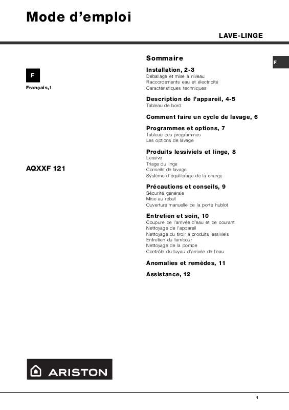 Guide utilisation HOTPOINT-ARISTON AQXXF 121 de la marque HOTPOINT-ARISTON