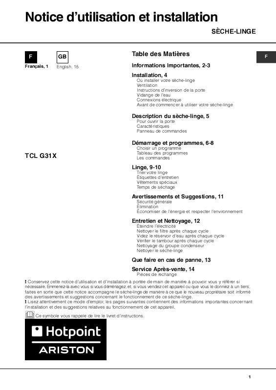 Guide utilisation HOTPOINT-ARISTON TCL G31X de la marque HOTPOINT-ARISTON