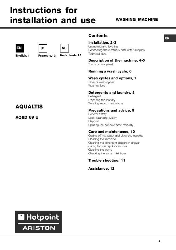 Guide utilisation HOTPOINT-ARISTON AQ9D 69 U de la marque HOTPOINT-ARISTON