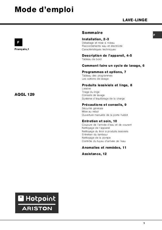 Guide utilisation HOTPOINT-ARISTON AQGL 129 de la marque HOTPOINT-ARISTON