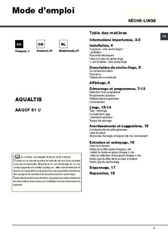 Guide utilisation HOTPOINT-ARISTON AAQCF81U de la marque HOTPOINT-ARISTON