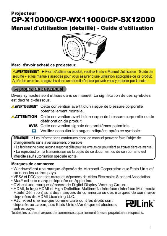 Guide utilisation  HITACHI CP-SX12000W  de la marque HITACHI