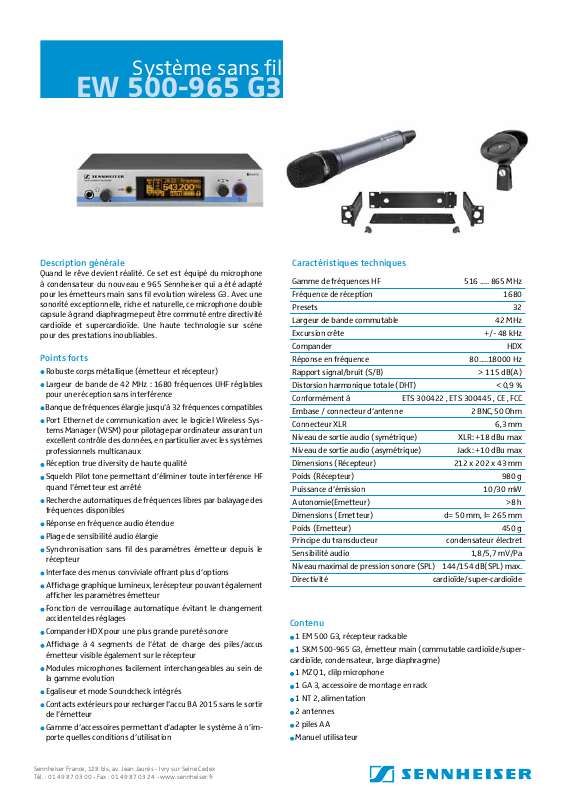Guide utilisation  SENNHEISER EW 500-965 G3  de la marque SENNHEISER