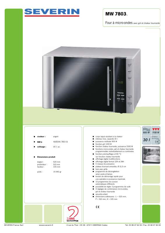 Guide utilisation SEVERIN MW 7803  - FICHE PRODUIT de la marque SEVERIN