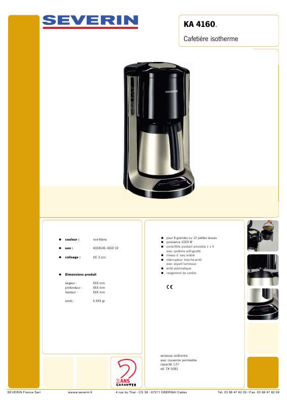 Guide utilisation SEVERIN KA 4160  - FICHE PRODUIT de la marque SEVERIN