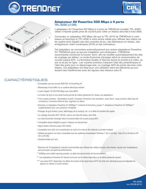 Guide utilisation TRENDNET TPL-405E  de la marque TRENDNET