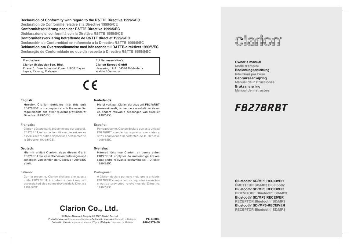 Guide utilisation CLARION FB278RBT  de la marque CLARION