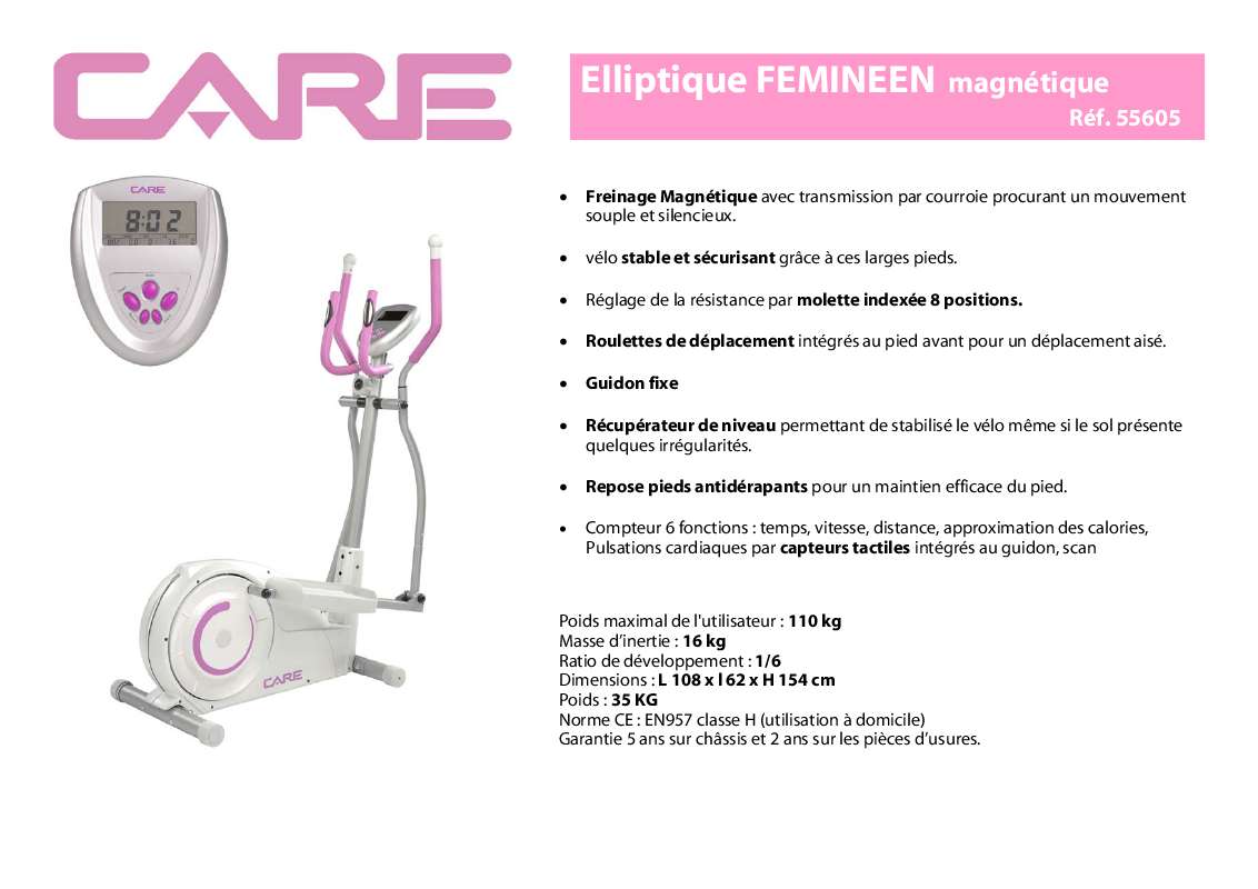 Guide utilisation  CARE FITNESS ELLIPTIQUE FEMINEEN 55605  de la marque CARE FITNESS