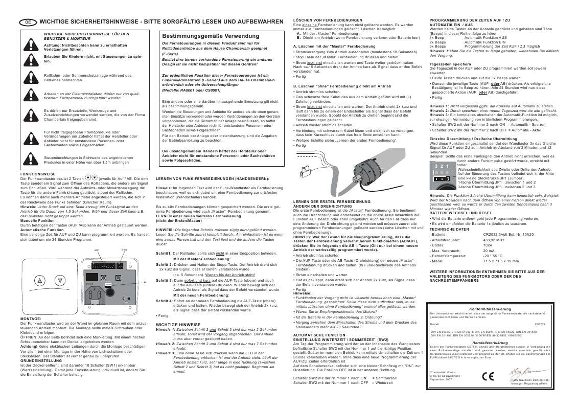 Guide utilisation  CHAMBERLAIN CS7524  de la marque CHAMBERLAIN
