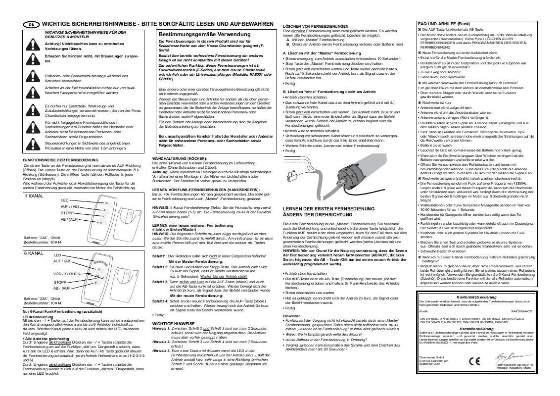 Guide utilisation  CHAMBERLAIN RA4330  de la marque CHAMBERLAIN