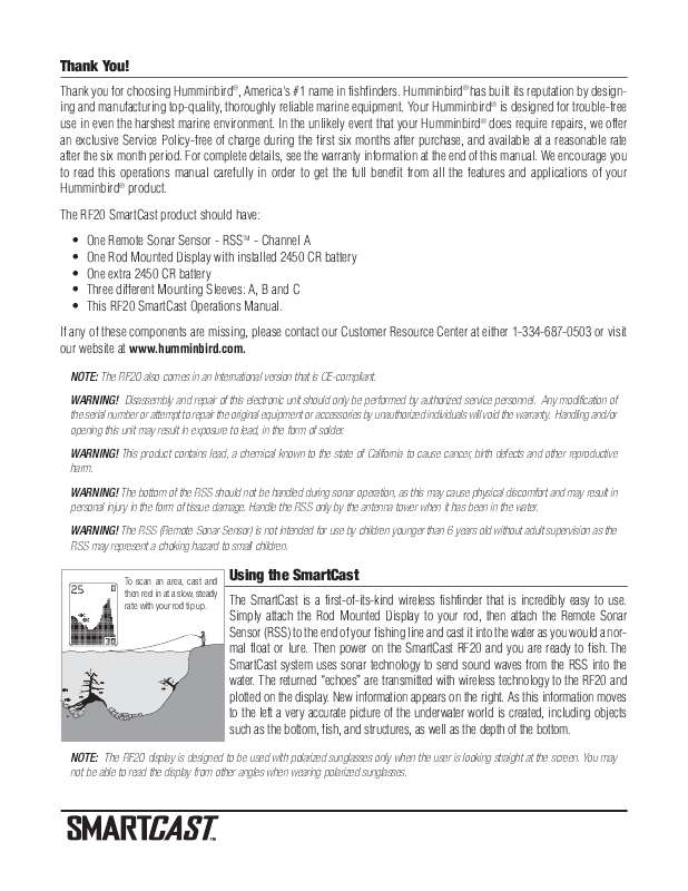 Guide utilisation HUMMINBIRD RF20 SMARCAST  de la marque HUMMINBIRD