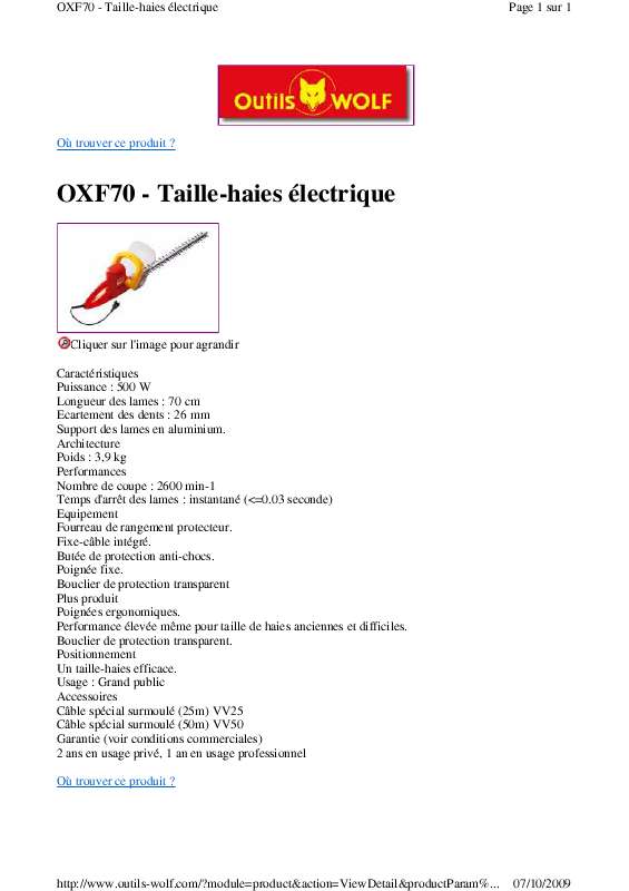 Guide utilisation WOLF OXF70  de la marque WOLF