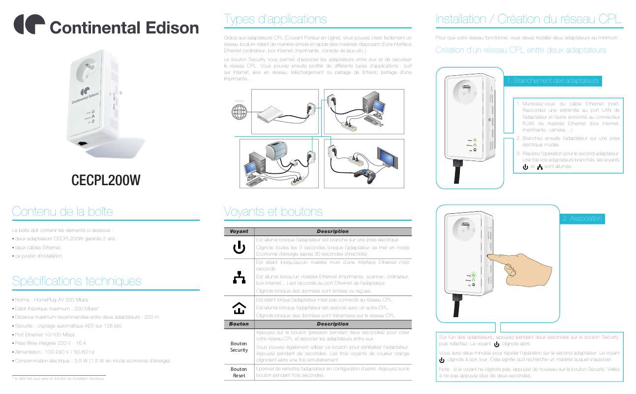 Guide utilisation CONTINENTAL EDISON CECPL200W  de la marque CONTINENTAL EDISON