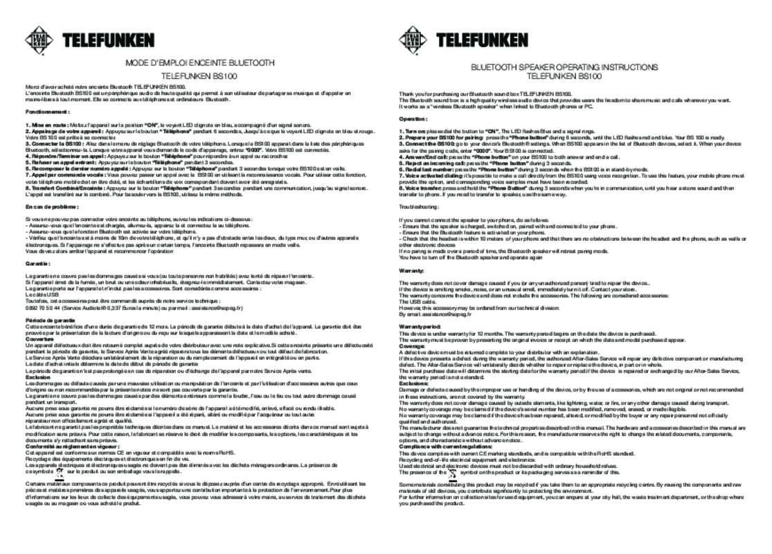 Guide utilisation  TELEFUNKEN BS100  de la marque TELEFUNKEN
