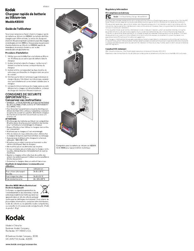 Guide utilisation KODAK LI-ION RAPID BATTERY CHARGER K8500  de la marque KODAK