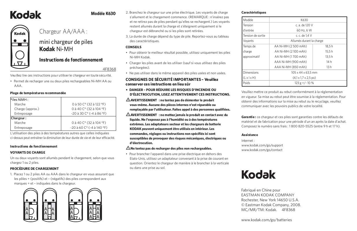 Guide utilisation KODAK NI-MH COMPACT BATTERY CHARGER K630  de la marque KODAK