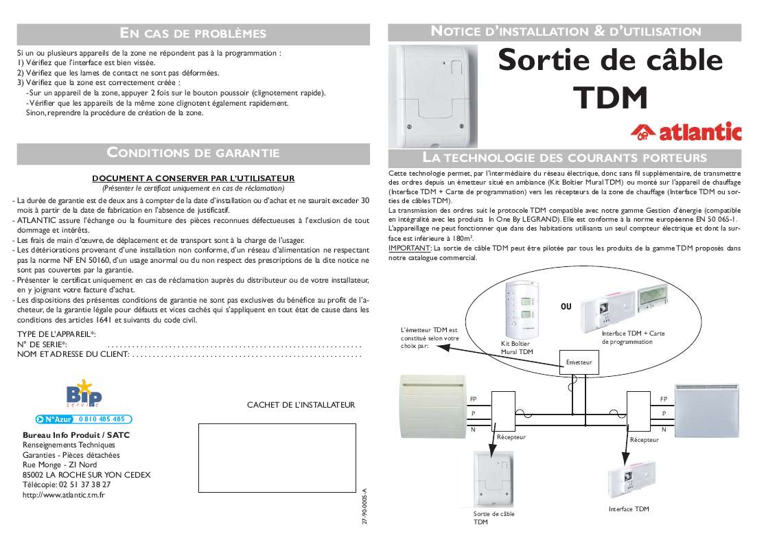 Guide utilisation ATLANTIC SORTIE DE CABLE TDM  de la marque ATLANTIC