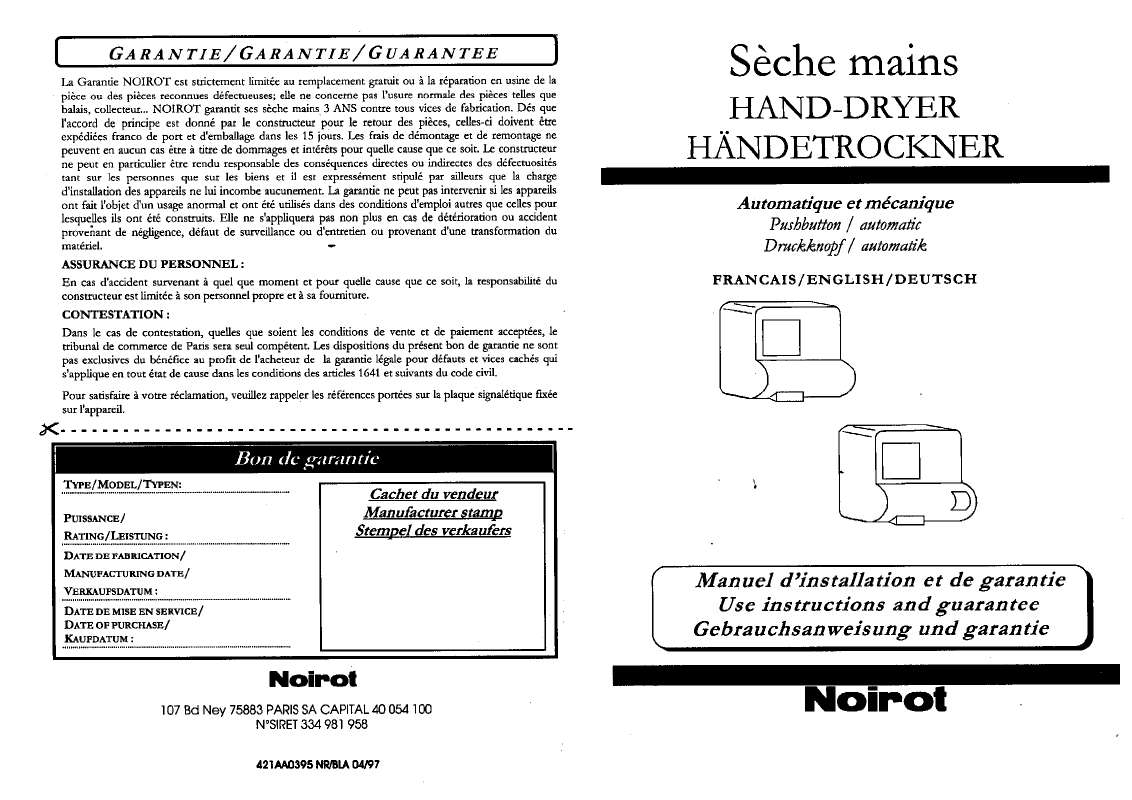 Guide utilisation NOIROT HAND-DRYER  de la marque NOIROT