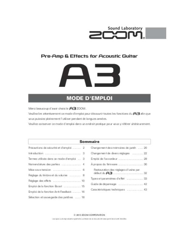 Guide utilisation  ZOOM A3  de la marque ZOOM