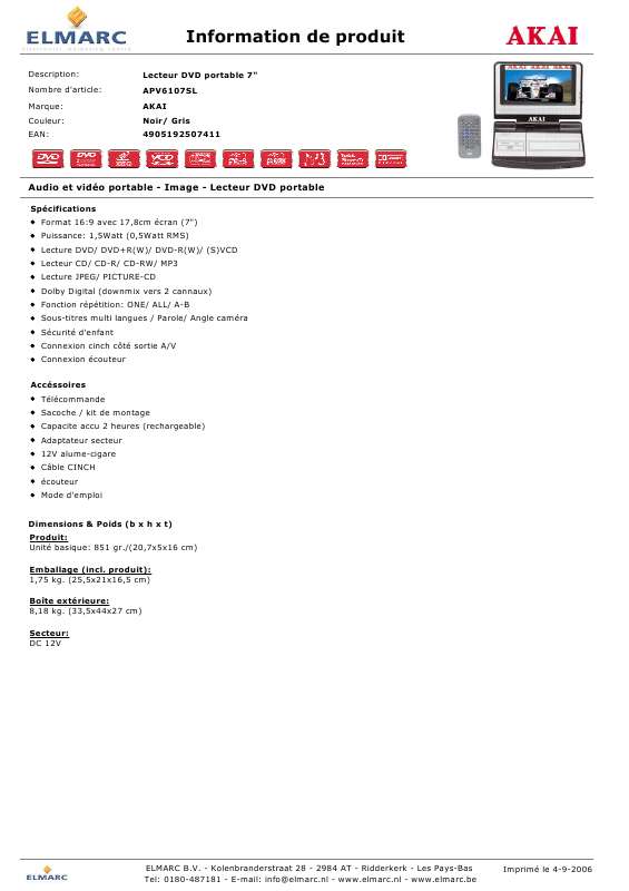 Guide utilisation  AKAI APV6107SL  de la marque AKAI