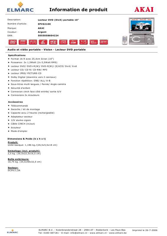 Guide utilisation  AKAI EPV6210X  de la marque AKAI
