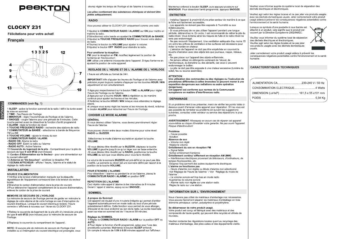 Guide utilisation PEEKTON CLOCKY 231  de la marque PEEKTON