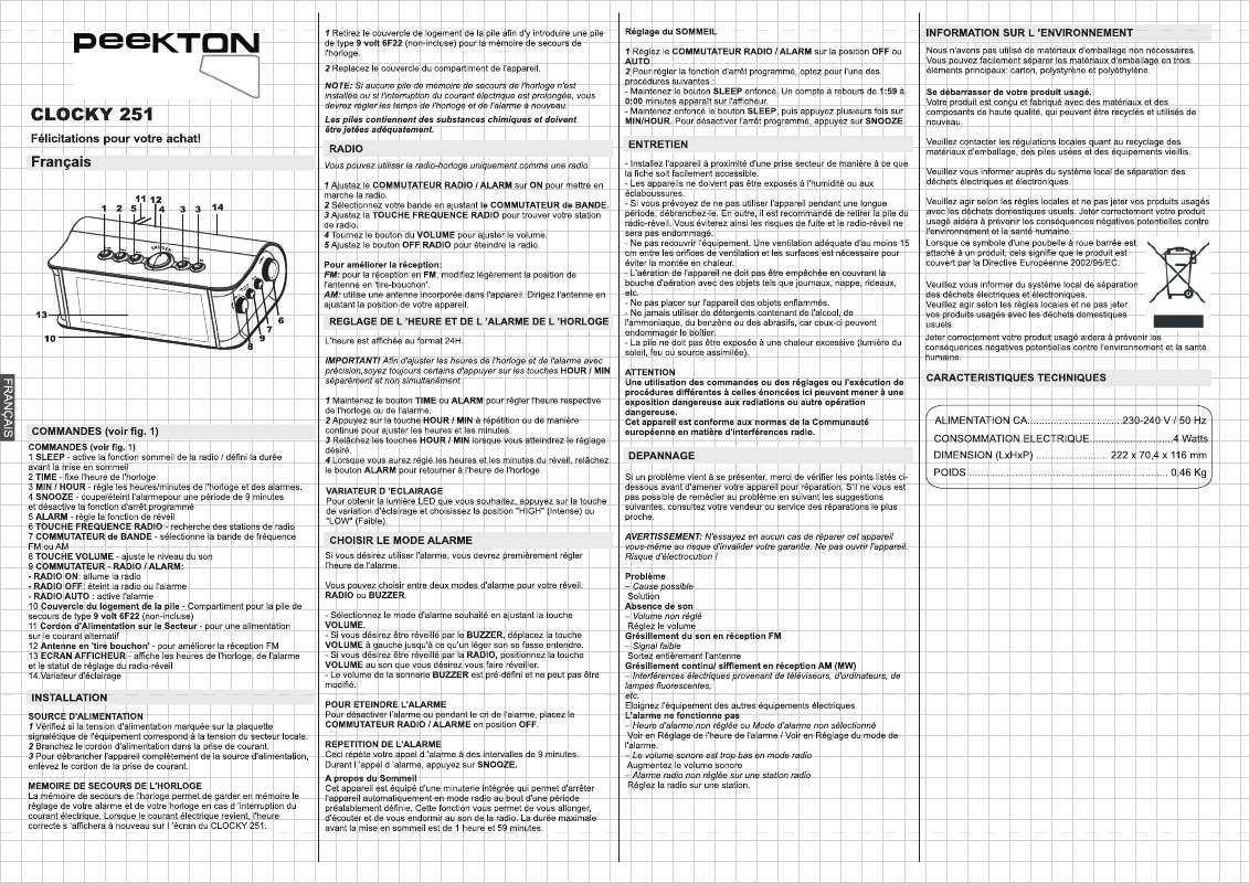 Guide utilisation PEEKTON CLOCKY 251  de la marque PEEKTON