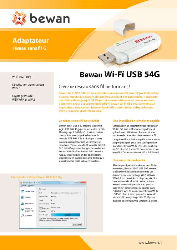 Guide utilisation BEWAN BWIFI-USB54G  de la marque BEWAN