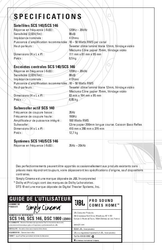 Guide utilisation  JBL SCS 140 (220-240V)  de la marque JBL